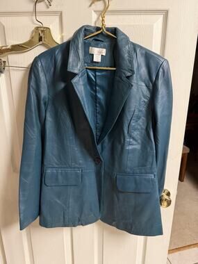 Spiegel Vintage Y2k Women's Blue Teal Leather Blazer Jacket Size 14 Large 40x27